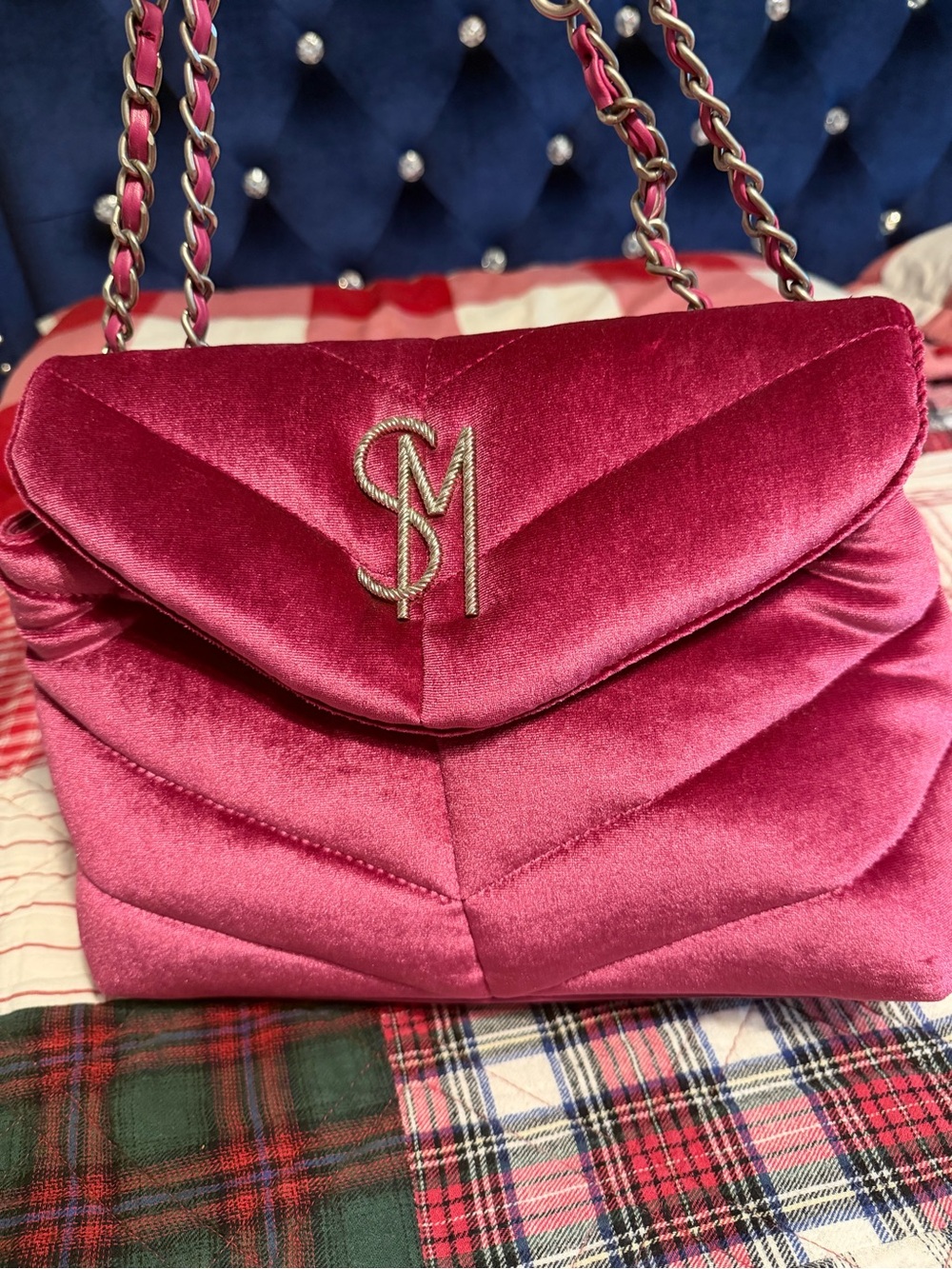 Steve Madden Quilted Velvet Shoulder Bag in Fuchsia Pink